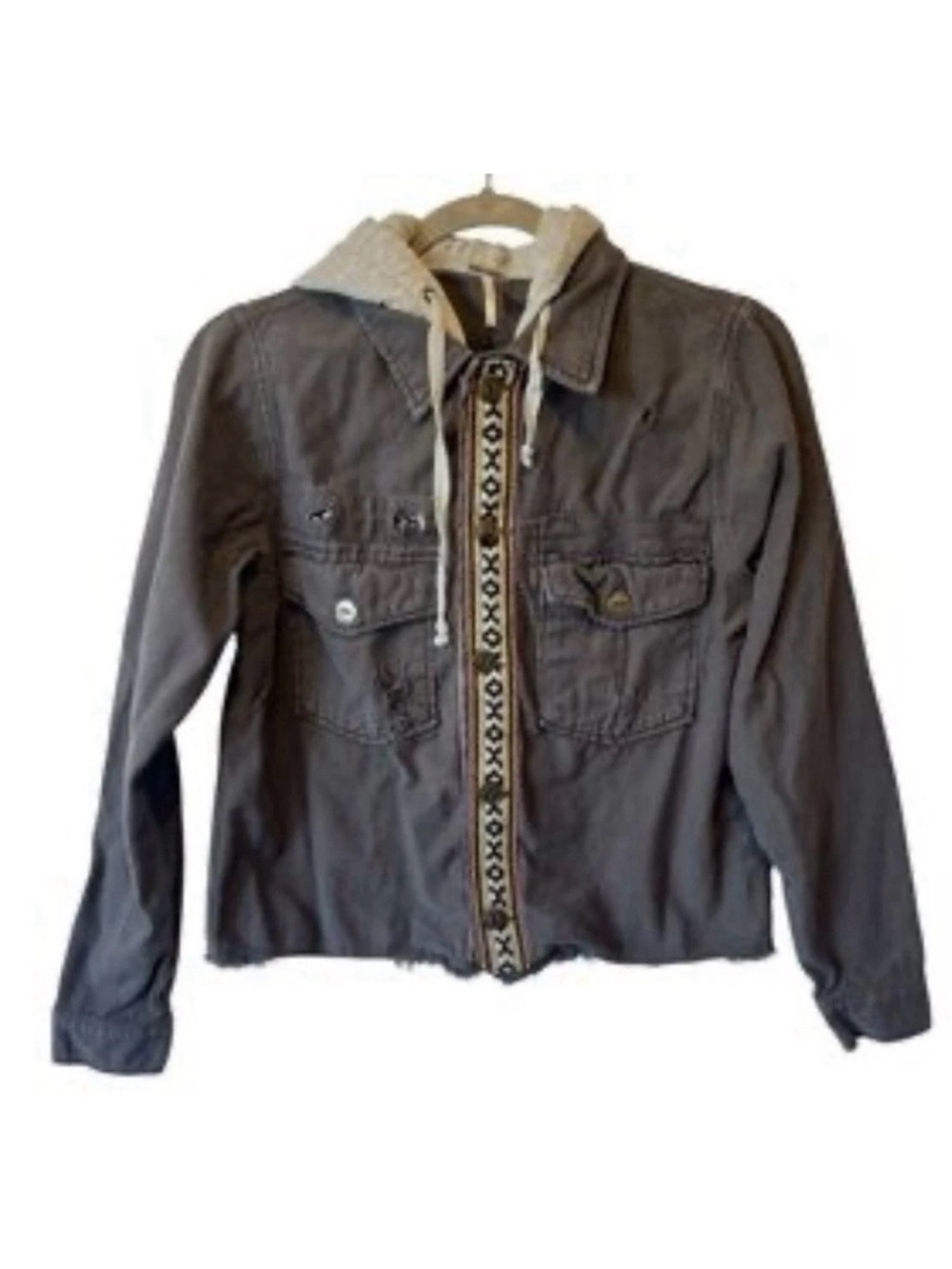 Free People Boho Gray Hooded Jacket with Decorative Trim Medium